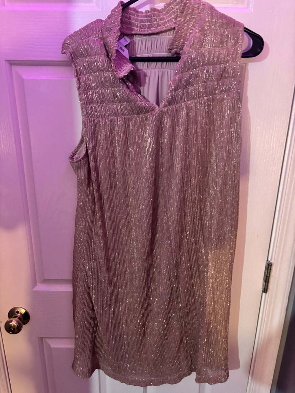 Nine West Shift Dress Size L Pink Gold Metallic Smocked Yoke Sleeveless